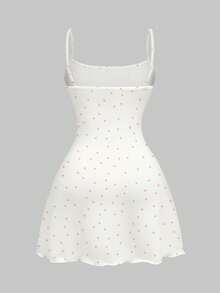 ROMWE Kawaii 可爱波点爱心印花迷你连衣裙，春夏学院风 - 白色 - 查看 2