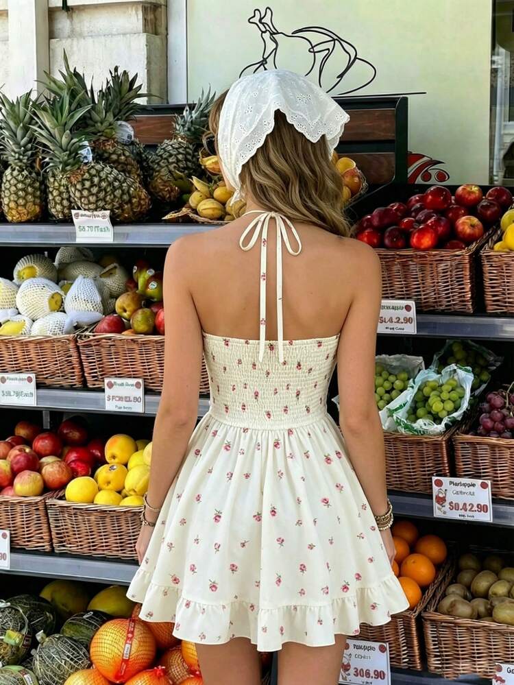roza mini dress beige Sunnyshic Cream Base Red Ditsy Floral Chest Ruched Cinched Waist Neck Ruffle Hem Short Color:Black Floral 55% cotton / 45% Garment Fit:BODYCON navy blue dresses clothing