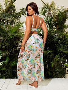 Swim Vcay Plus Size Leopard & Floral Print 3 PiecesBikini Swimwear Set, Essential For Summer Vacation & Beach Travel - Multicolor - View 2