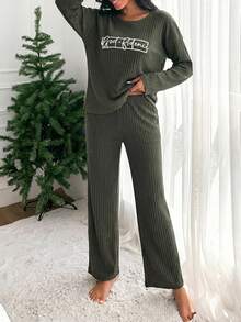 Letter Printed Ribbed Knit Loungewear Set - Dark Green - View 4