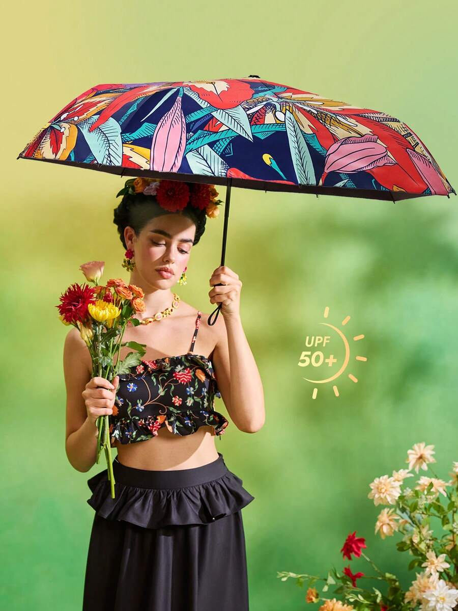 Frida Kahlo X SHEIN 1把卡通人物印花雨伞，黑色防晒涂层，防晒指数50+，适合上学、上班、外出和日常使用，专为大学生、高中生、男士和女士设计，可爱 - 彩色 - 查看 1
