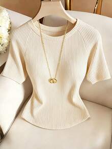 SHEIN Franclia Women's Summer Round Neck Raglan Short Sleeve All-Match T-Shirt, Elastic Ribbed Knit Fabric, Minimalist Versatile Slim Fit Elegant Fashion Top, Summer Outfit Ribbed Tops For Women Basic Tops For Women Elegant Tops For Women Casual Tops For Women Plain Tops For Women Elegant Blouses Knit Tops T-Shirts For Women Blouses For Women - Apricot - View 1