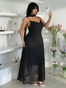 GalTyme Plus Size Black Polka Dot Spaghetti Strap Dress, Summer - Black - View 7
