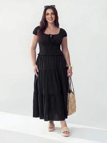 Solavibe Plus Size Black Summer Boho Vacation Solid Color Square Neck Puff Sleeve Tie Front Crop Top Ruffle Hem Tiered Maxi Skirt 2 Piece Set,Elegant - Black - View 5