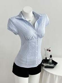 Elamini 女士格子棉质休闲翻领衬衫，腰部收紧，春夏款 - 藍色 - 查看 5