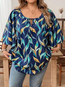 SHEIN CURVE+ Áo thun nữ cỡ lớn CURVE PLUS /Ngày Valentine/Áo thun cổ buộc dây tay lửng thoải mái, đa năng, thích hợp mặc hàng ngày đi làm - Nhiều màu - Xem 8