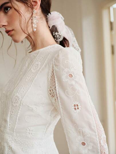 Anewsta Đầm dạ hội trắng tay ngắn dáng chữ A cổ tròn khoét rỗng, thêu ren thanh lịch dành cho nữ.