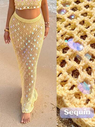 Selianne 女士米黄色度假沙滩罩衫裙，抽绳镂空钩编网纱裙