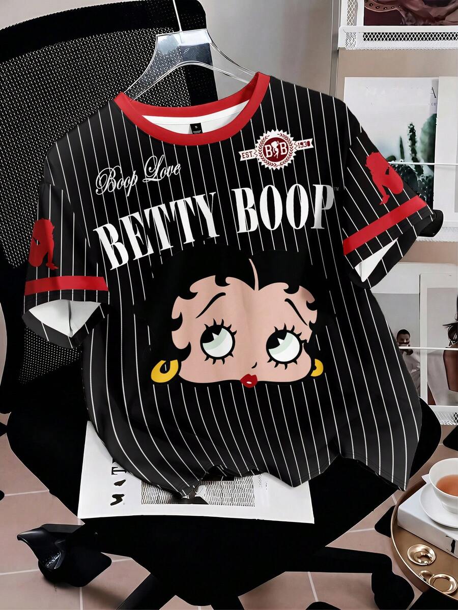 Attitoon Betty Boop x SHEIN 女士休闲简约圆领短袖宽松T恤 - 彩色 - 查看 1