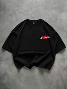 Manfinity Roghcode 男士街頭風白色T恤，刺繡愛心英文文字趣味印花，夏季休閒黑白城市度假、音樂節日常穿搭禮物，假期 - 黑色 - 查看 4