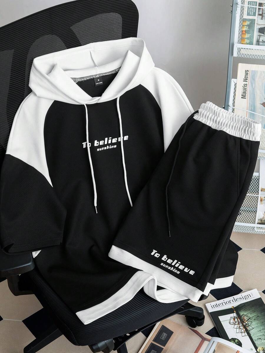 Manfinity Joysei Setelan Kaos dan Celana Pendek Lengan Pendek Berkerudung Warna Kontras untuk Pria, Cocok untuk Pakaian Kasual Sehari-hari, Jalan-jalan, dan Liburan, Musim Semi/Panas - Hitam dan Putih - View 1
