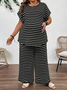 Plussiva 大码孕妇休闲度假通勤条纹印花蝙蝠袖短袖宽松上衣和阔腿裤两件套，春夏秋季 - 黑色 - 查看 3