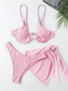 SHEIN Swim 女士夏季海滩纯色性感比基尼套装，含罩衫和纱笼裙，3 件套，带钢圈 - 淺粉色 - 查看 3