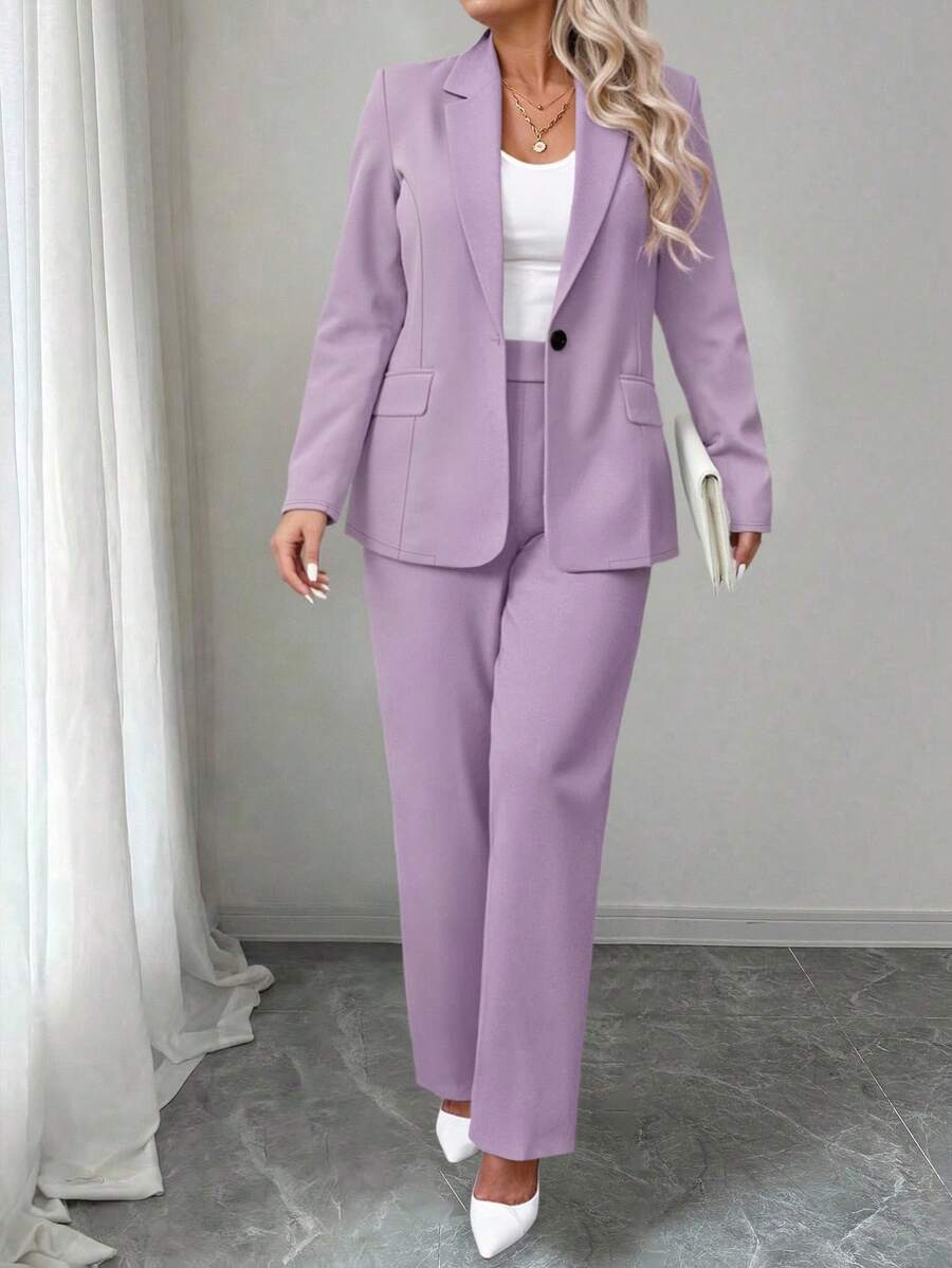 SHEIN Clasi 大码纯色简约休闲长袖西装外套 - 紫色 - 查看 1