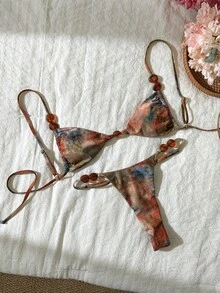 Swim Vcay 女士随机印花串珠吊带比基尼套装，春夏 Zestiva 泳装比基尼套装，适合度假、邮轮旅行、海滩日光浴，两件套比基尼，另类印花比基尼套装，泳装度假装，女士比基尼套装 - 彩色 - 查看 3