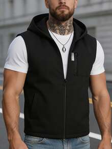 Manfinity Homme Men's Solid Color Hooded Collar Slant Pocket Casual Vest - Black - View 2