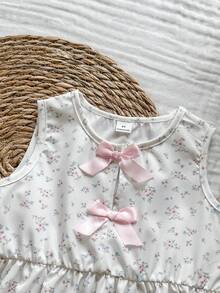SHEIN Vintaside Kids 女童两件套碎花套装，宽松无袖蝴蝶结装饰背心+阔腿裤，甜美可爱休闲装，夏季 - 粉色 - 查看 6