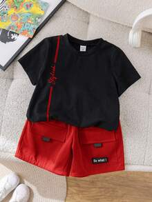 SHEIN 2件套男童休闲百搭圆领T恤和荧光绿工装短裤套装，适合春夏季节日常穿着、运动、郊游、上学、聚会、度假、拍照等场合。 - 紅色 - 查看 8