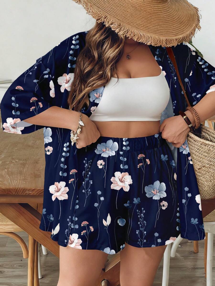 SHEIN VCAY Casual Minimalist Vintage Leaf Pattern Loose Plus Size 2 Pieces Set, Suitable For Summer - Navy Blue - View 1