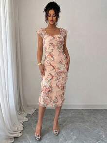 Elenzga Women's Elegant Romantic Mesh Printed Ruched Midi Dress, Suitable For Wedding Season, Party, Date, Casual Outing, Spring/Summer - Orange - View 3