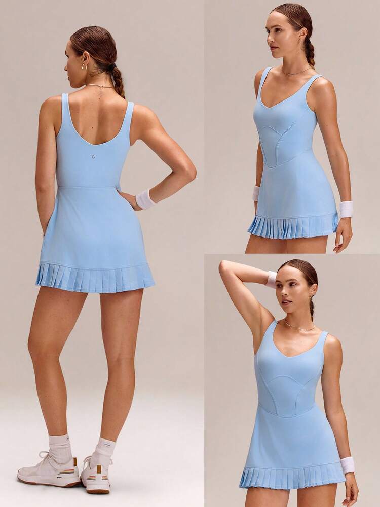 FeatherFit™-Air Double Time Buttery-Soft Stretchy Sweat-Wicking Pleated Mini Skirt With Built-In Shorts Side Pockets Non Slip Grips & Tummy Control Open Back Bodysuit Low Impact Tennis Golf Pickleball Daily Casual Wear