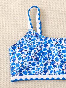 SHEIN Tween Girls Floral Printed Bikini Set,2 Pieces Swimwear,White Cute Summer Bathing Suits For Girls,Sweet Style For Pool Party Vacation Holiday - Blue and White - View 4