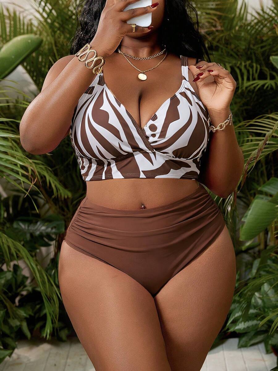 Slaydiva Plus Size Women Summer Beach Allover Print Bikini 2 Pieces Set - Coffee Brown - View 1