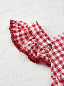 Cozy Pixies Áo liền quần cho bé gái họa tiết dâu tây, cổ vuông, bèo nhún - Đỏ - Xem 4