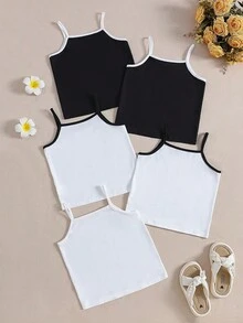 5pcs/Set Girls' Minimalist Solid Color Soft & Comfortable Camisole Undershirt - Black and White - View 2
