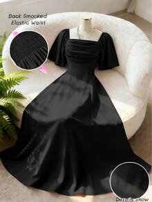 Elenzga Gaun Elegan Baru untuk Wanita dengan Leher Persegi, Lipatan Depan, Bagian Belakang Chiffon, dan Pinggang yang Dikencangkan. - Hitam - View 5