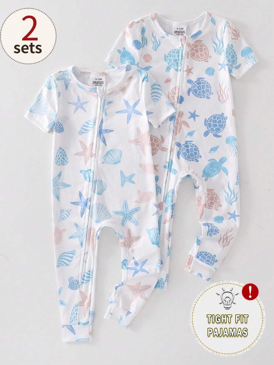 2pcs/Set Baby Boy Summer Ocean Animal Theme Blue Turtle, Seashell, Starfish, Seaweed Print Short Sleeve Romper With Zipper - Baby Blue - View 1