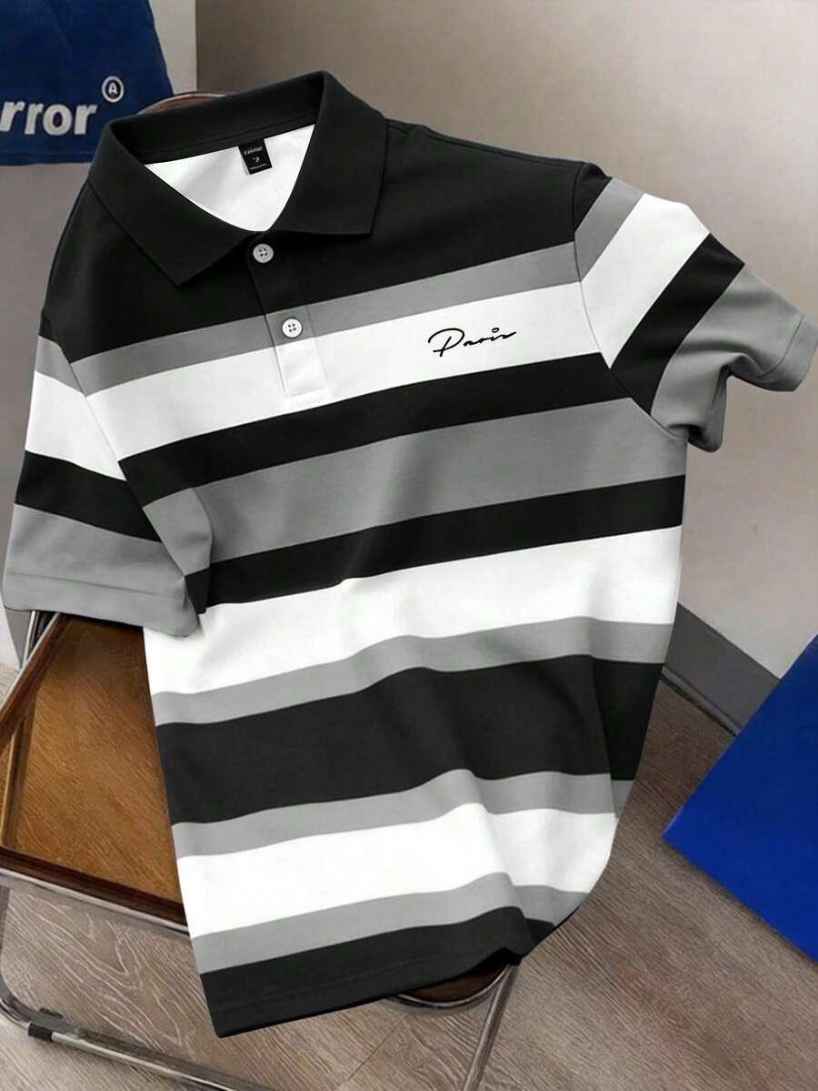 Manfinity Joysei Black & Grey Contrast Striped Plus Size Men's Polo Shirt, French Minimalist Style, Essential Piece For Stylish Men, Suitable For Casual And Business Occasions, Effortlessly Exudes Sophistication - Multicolor - View 1