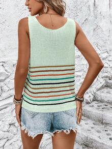 SHEIN LUNE Women's Summer Casual Vacation Colorblock Striped V-Neck Loose Knit Vest - Green - View 2