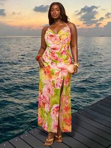 SHEIN BAE Vestido de mujer talla grande con cuello drapeado y abertura alta con estampado floral - Multicolor - Ver 2