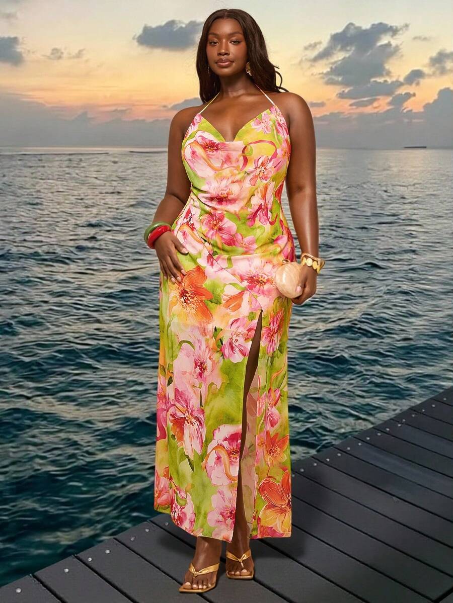 SHEIN BAE Vestido de mujer talla grande con cuello drapeado y abertura alta con estampado floral