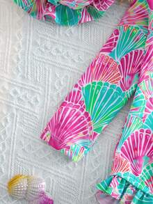 SHEIN Newborn Baby Beach Vacation Style Bow Striped Print Half Zip Front Ruffle Hem One-Piece Swimsuit With Swim Cap - Blue - View 3