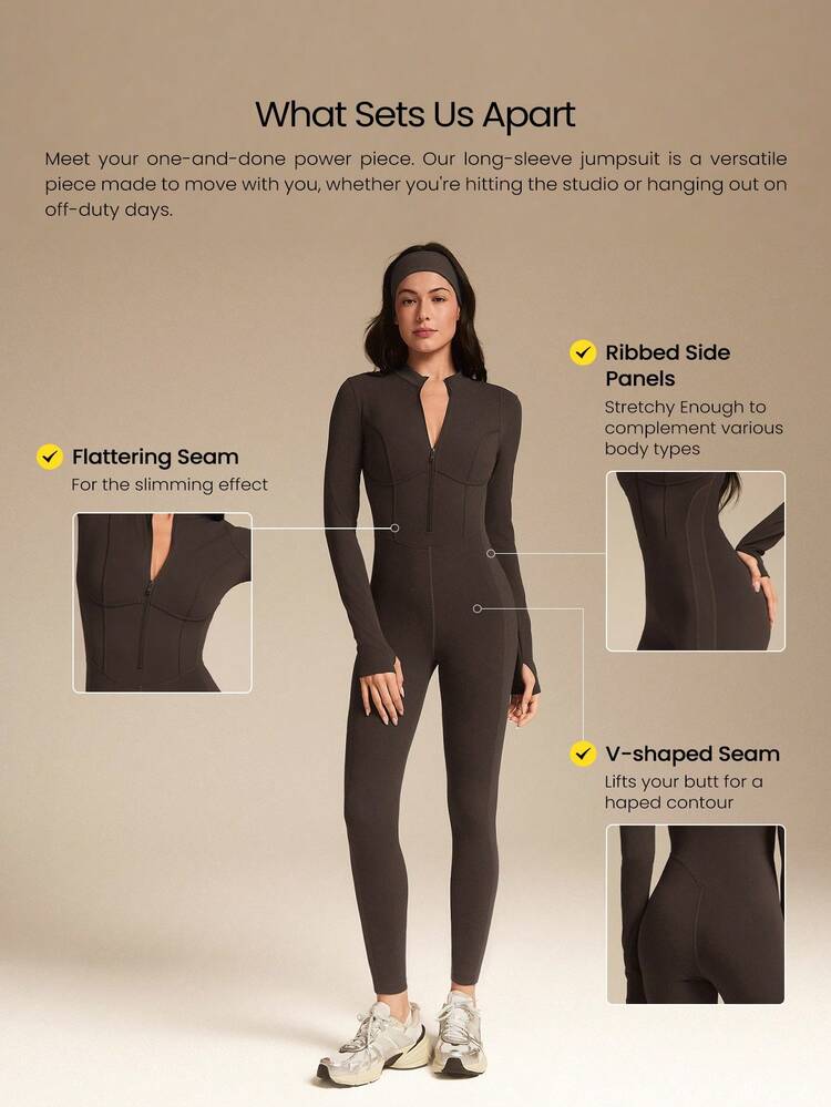 24" FeatherFit™-Air Glow Giver Soft Breathable Sweat-Wicking Front Zipper Ribbed Side Panels Contouring Seams Thumbholes Deep V-Back Seams Removable Cups Long-Sleeve Jumpsuit Low-Impact Daily Active Wear