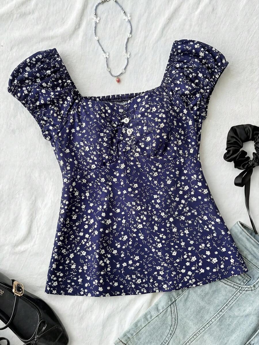SHEIN 少女休闲日常百搭舒适碎花方领花瓣袖吊带背心 - 紅色 - 查看 1
