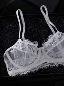 SHEIN 2pcs/Set Rose Red Lace Patchwork Lingerie Set, Mature & Sensual - White - View 4