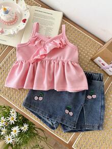 SHEIN 2pcs Baby Girls Pink Summer Cute Vacation Outfit Ruffled Halter Top With Cherry Embroidery And Denim Culottes Skirt Set For Spring/Summer Outing - Pink - View 6