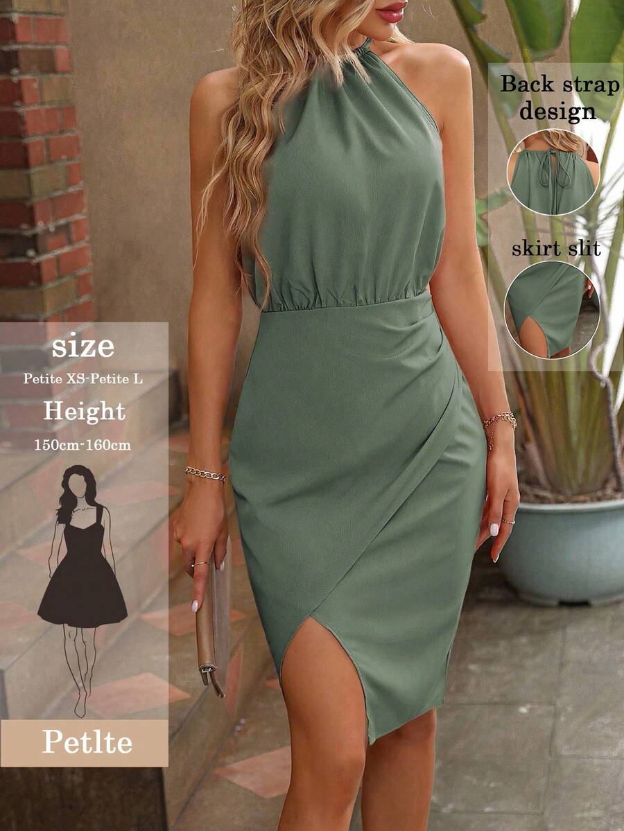 SHEIN PETITE Đầm midi nữ không tay, xếp ly, xẻ tà bên hông, chất liệu vải họa tiết, kiểu dáng thường ngày, thích hợp cho kỳ nghỉ xuân/hè. - màu xanh lá - Xem 1