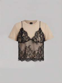 SHEIN Tall CURVE Áo thun tay ngắn cổ tròn phối ren trắng cỡ lớn mùa hè (2 trong 1) - Màu be - Xem 5