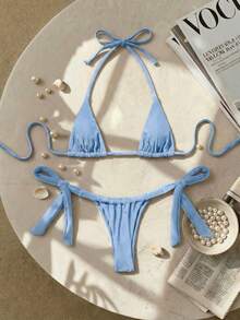 Swim SXY Set Bikini Mini Cup Halter Seksi Kepang untuk Wanita - Baby Blue - View 1