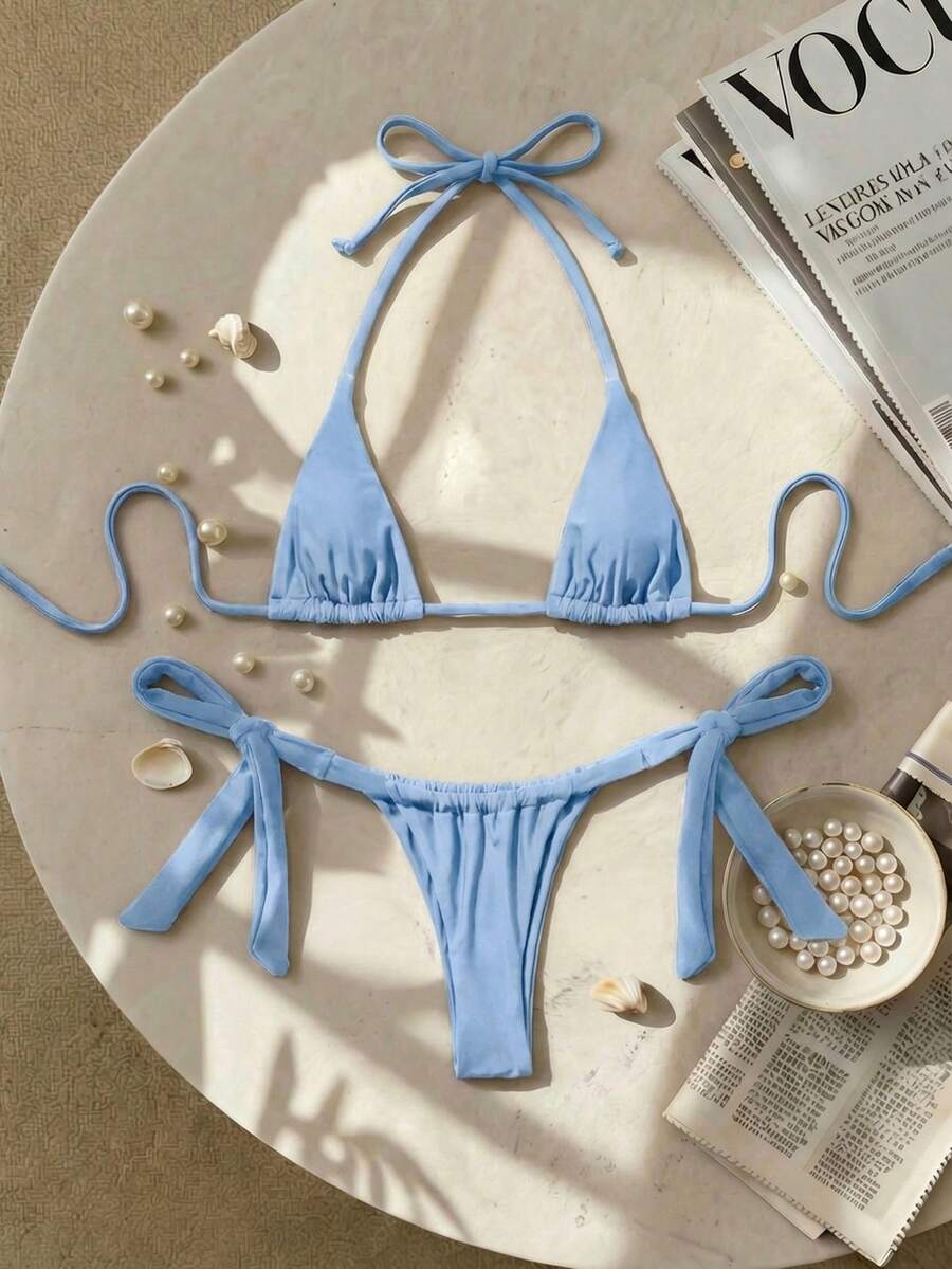 Swim SXY Set Bikini Mini Cup Halter Seksi Kepang untuk Wanita - Baby Blue - View 1