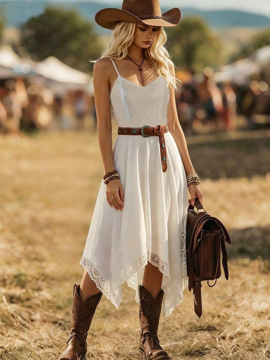 LanaWest 女士夏季白色撞色蕾丝褶皱面料腰部不对称下摆蕾丝设计休闲百搭西式连衣裙 - 白色 - 查看 1