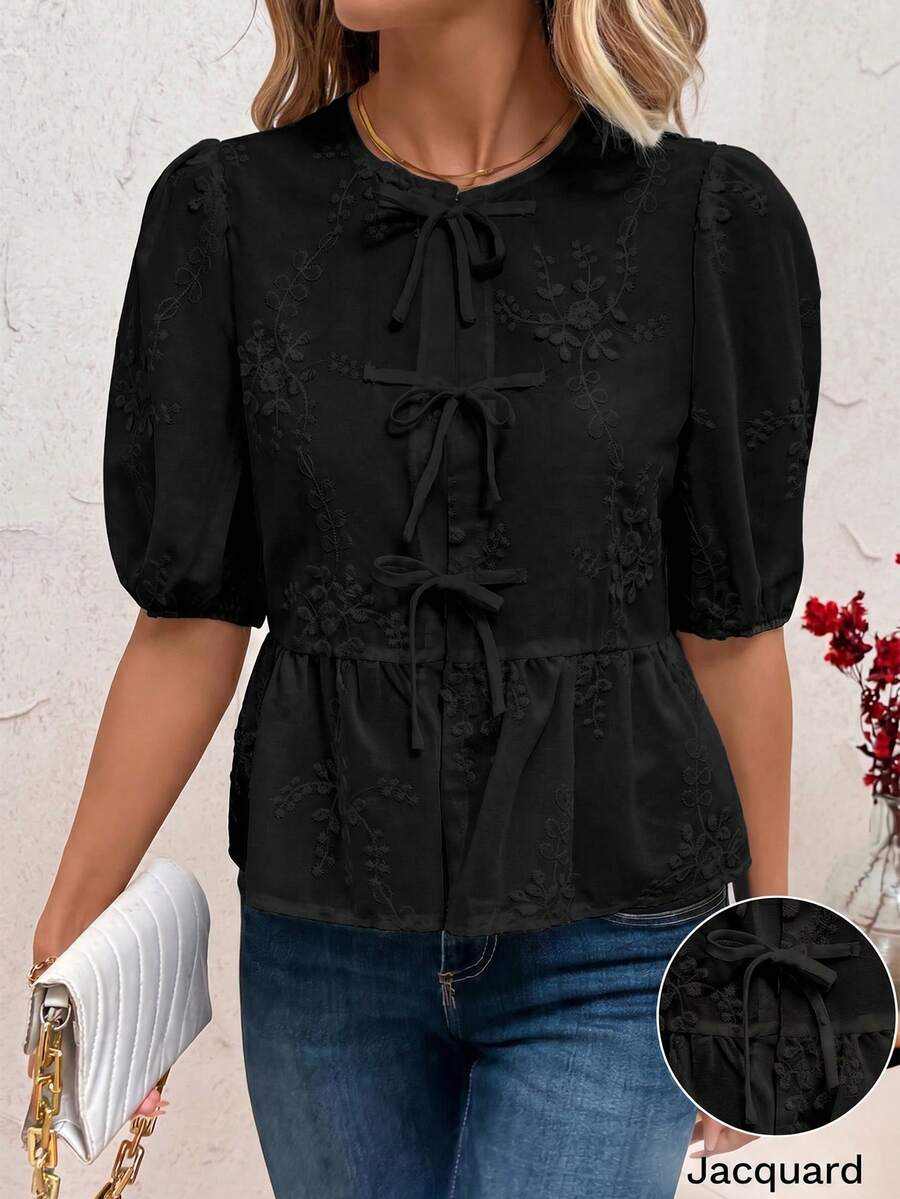 SHEIN Clasi Áo kiểu nữ tay cánh hoa thắt nơ phía trước, thêu họa tiết dễ thương, thanh lịch, thích hợp cho kỳ nghỉ lễ tình nhân. - màu đen - Xem 1