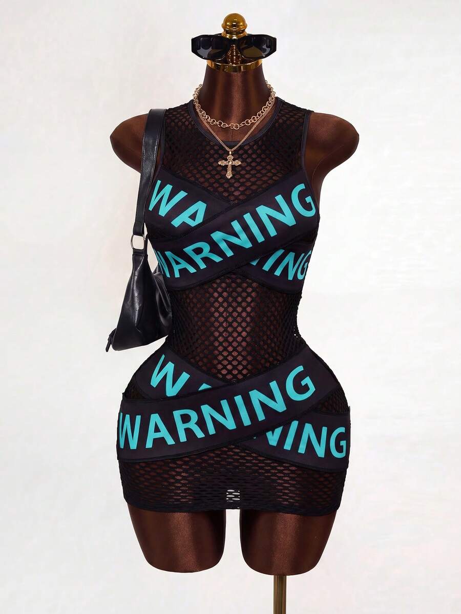 Mistrie Nuevo vestido mini para mujer ajustado y estilizador, con malla estampada y gráficos con eslogan, para fotografía callejera, fiestas de festivales de música - Azul - Ver 1
