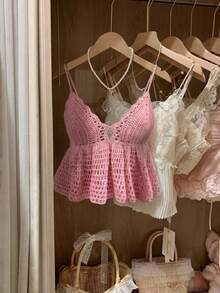 CovetEZ Top de punto con escote calado y volante en el bajo para vacaciones - Rosa - Ver 4