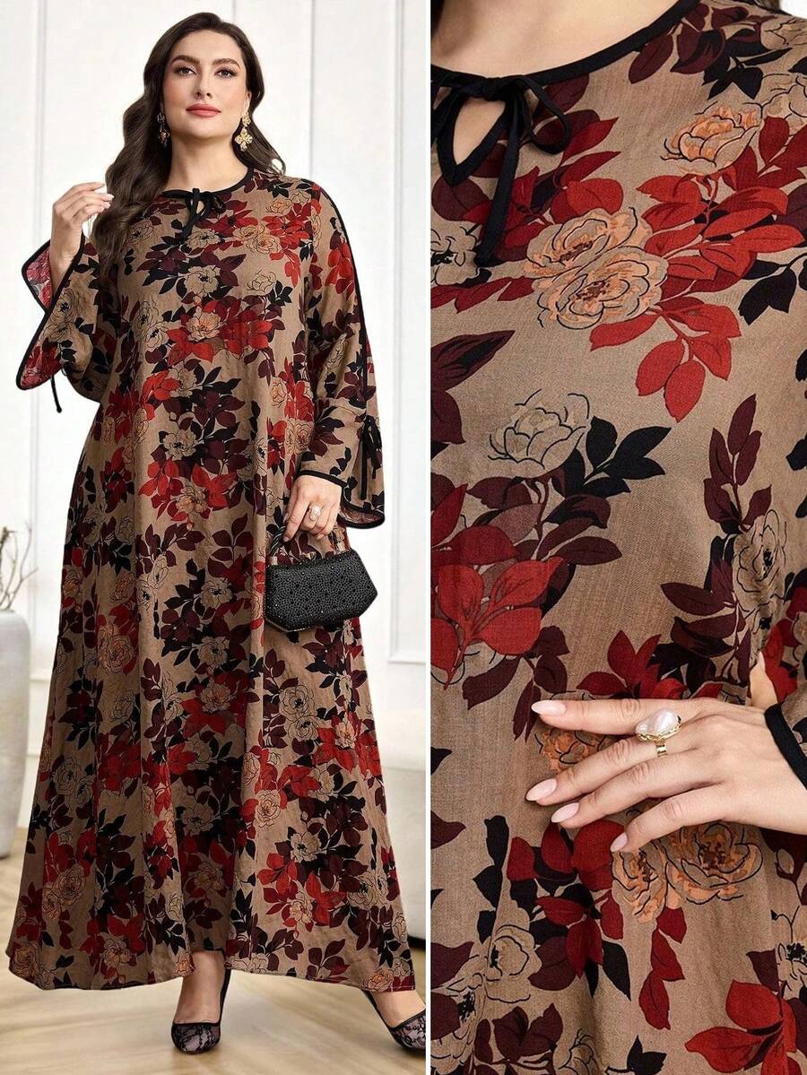 SHEIN Najma CURVE Plus Size Women Floral Print Tie Neck Long Sleeve Loose Arabic Style Dress