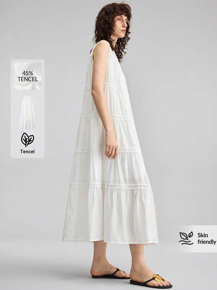 Tencel Women's Summer Minimalist Solid Color Lace Patchwork Sleeveless Loose Long Dress All-Season Bohemian Style Vacation Outfits Seaside Women's Clothing, Country Music Concert Style, Western Style Clothing, Nomadic Casual Fashion Boho White Dress Ersatile Modern Urban Fashion Business Casual Women's Wear Office Attire Understated Old-Money Style High-End, Elegant, Old-Fashioned Cruise Attire For Wedding Guests